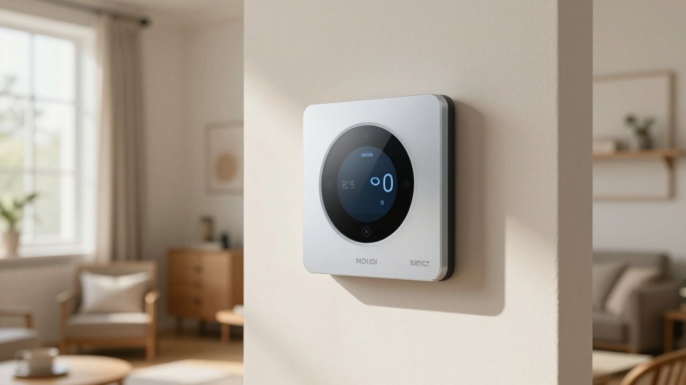 Termostato inteligente en una sala de estar de Airbnb.