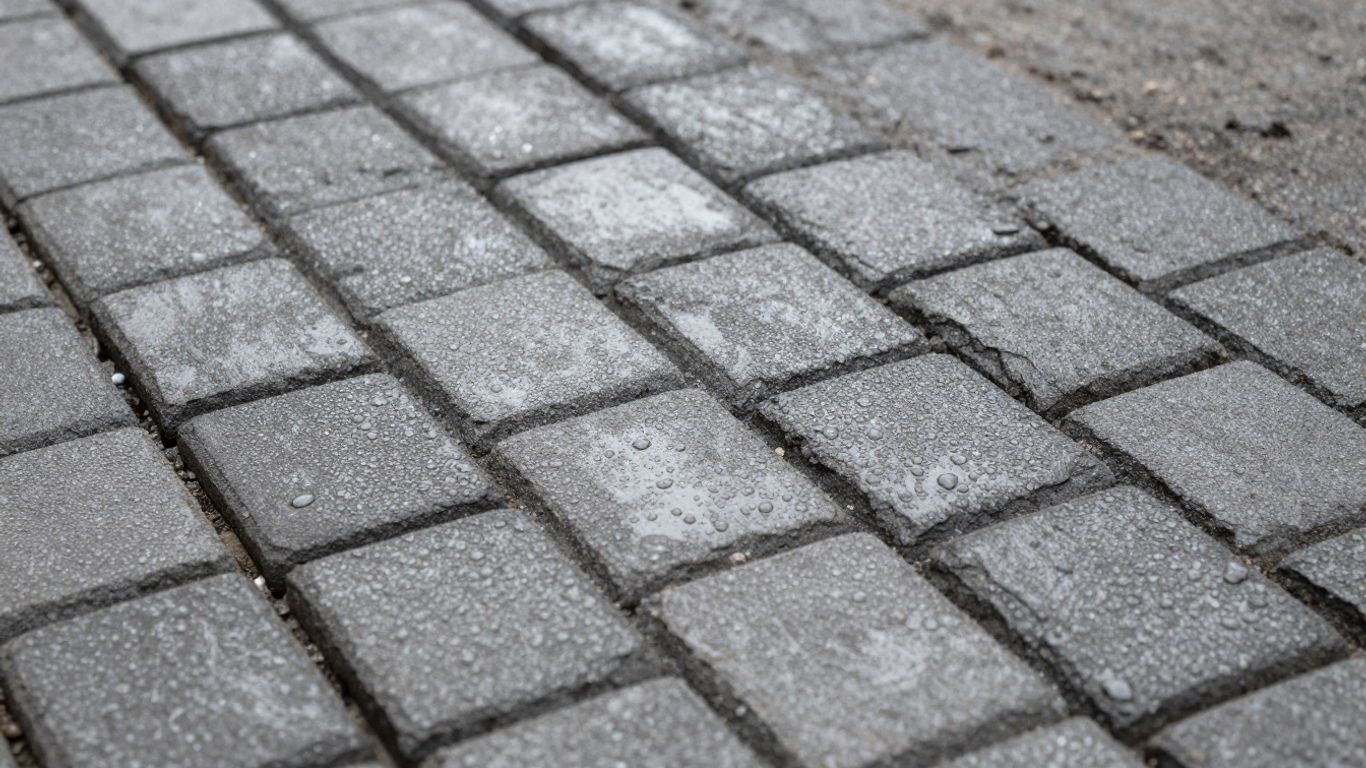 Fresh paver overlay with water droplets after rain.
