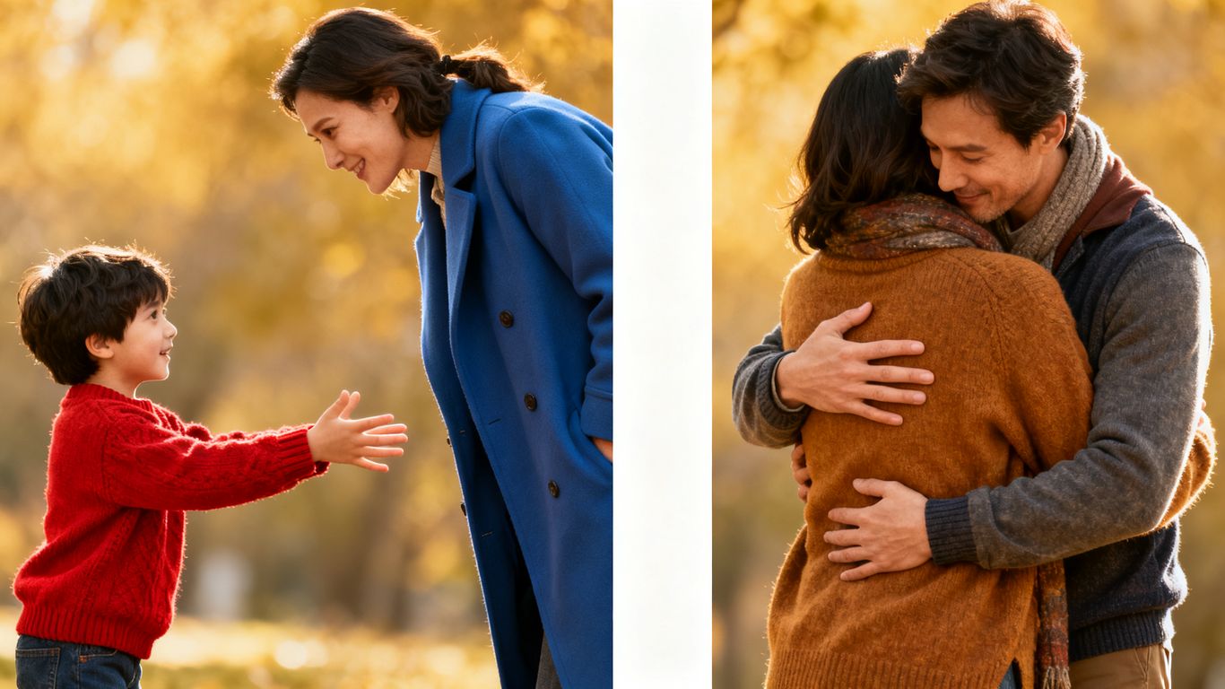 Child and adult figures connected by relationship themes.