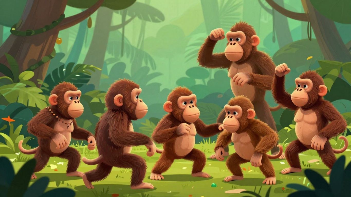 Stylized apes playing a game in a jungle setting.