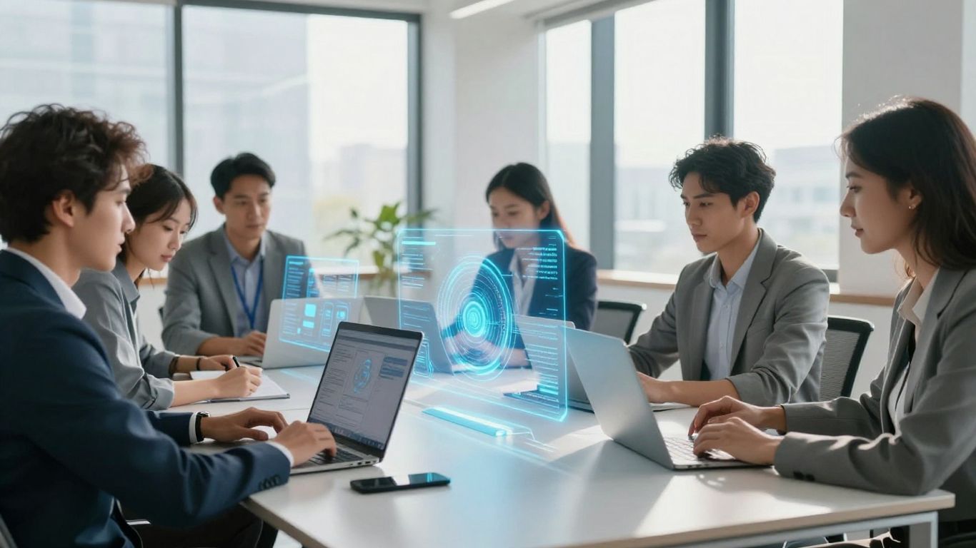 Business professionals using AI tools in an office.