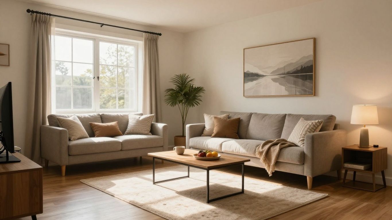 Finished basement living area with seating and warm lighting.