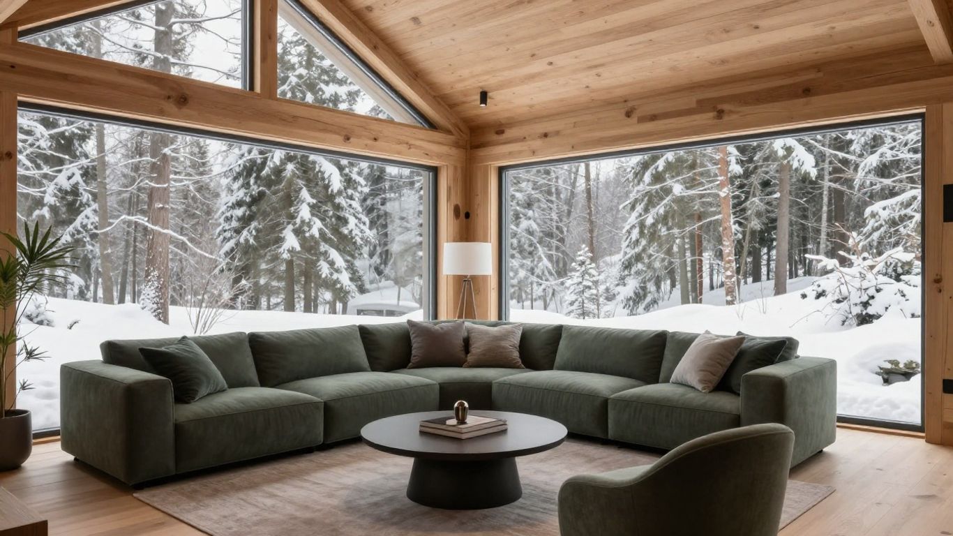 Intérieur de chalet moderne avec bois, couleurs neutres et nature.