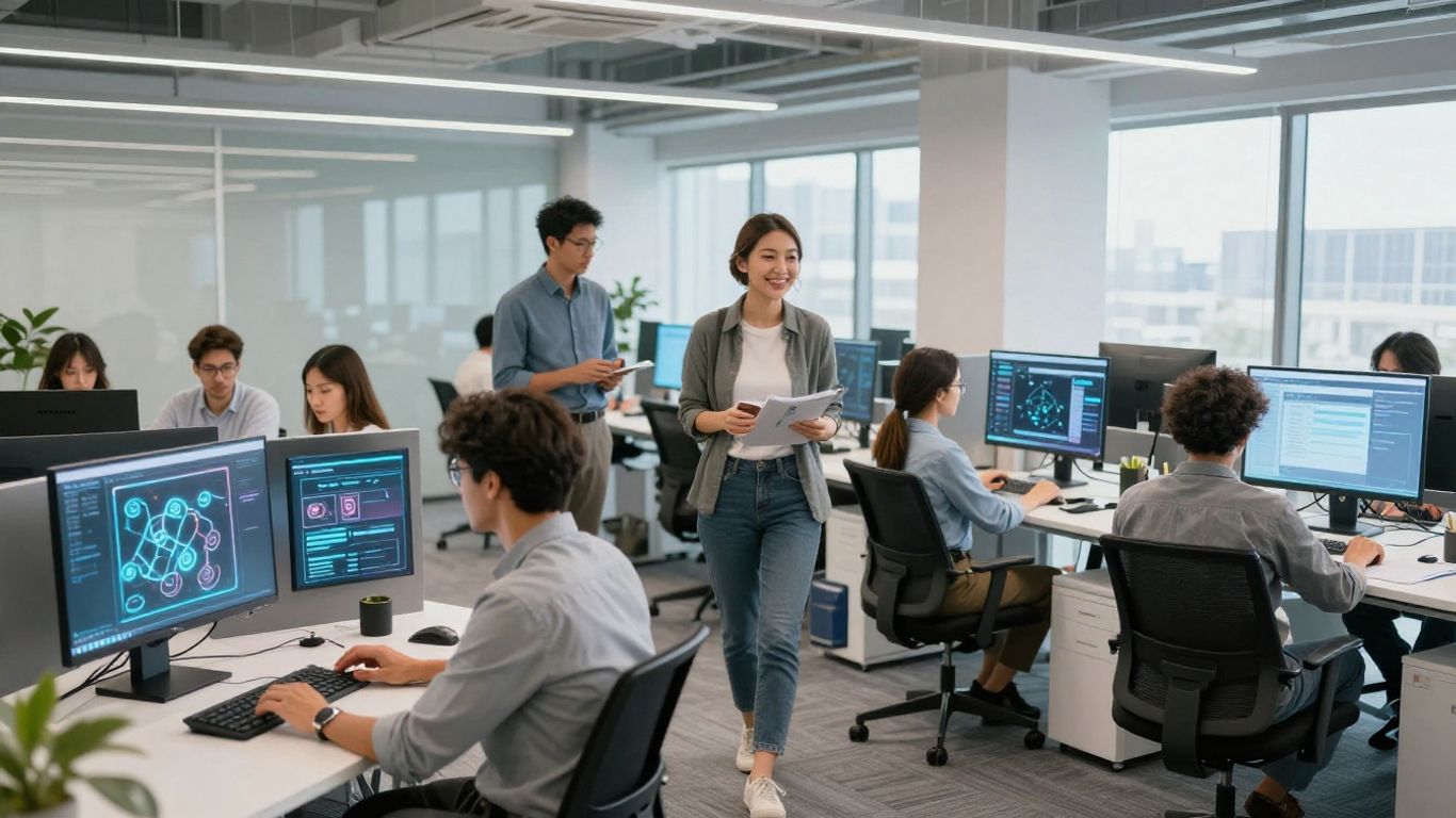 Team collaborating with innovative tools in a modern office.