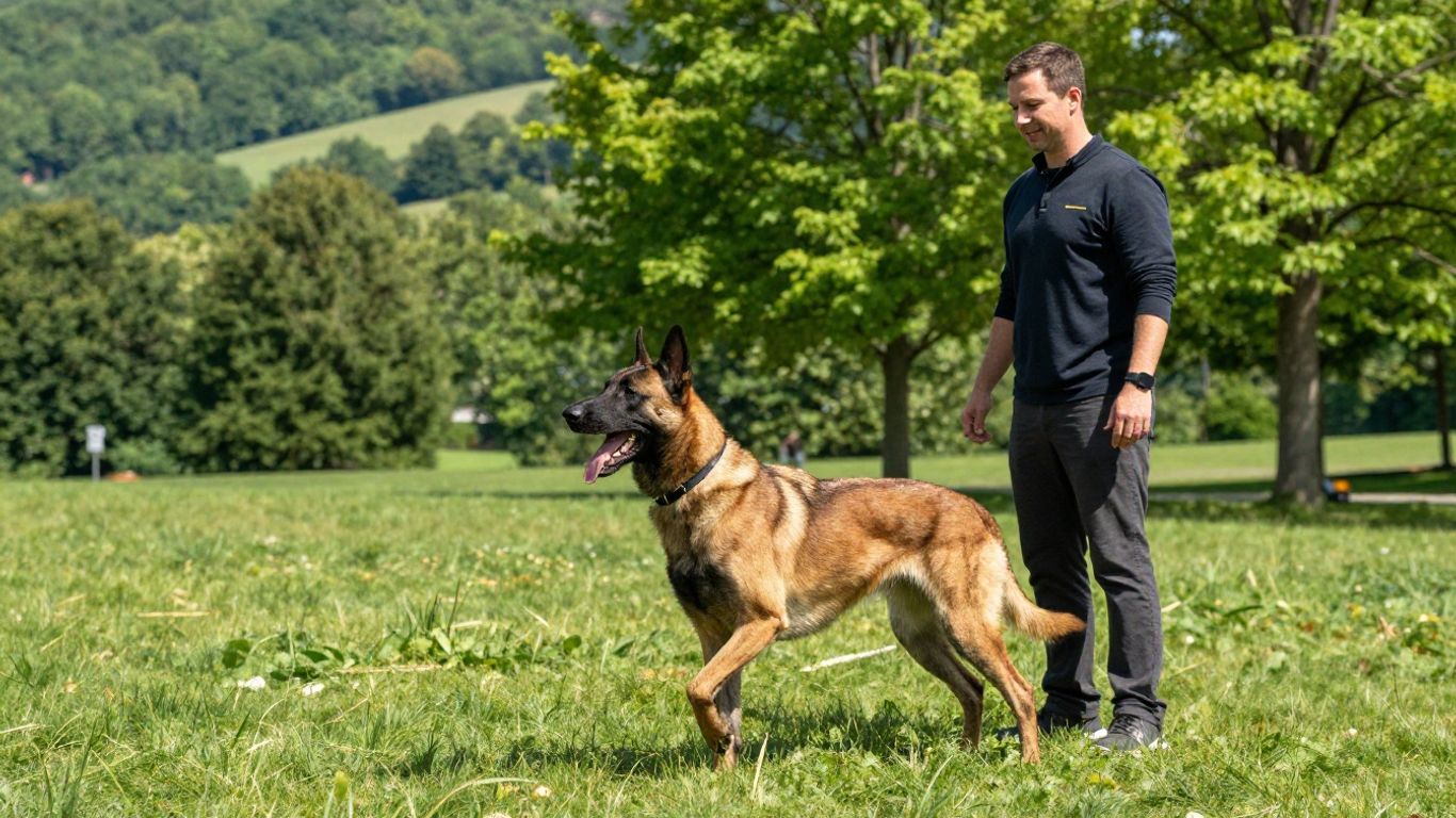 Belgian Malinois training outdoors with handler in Tennessee.