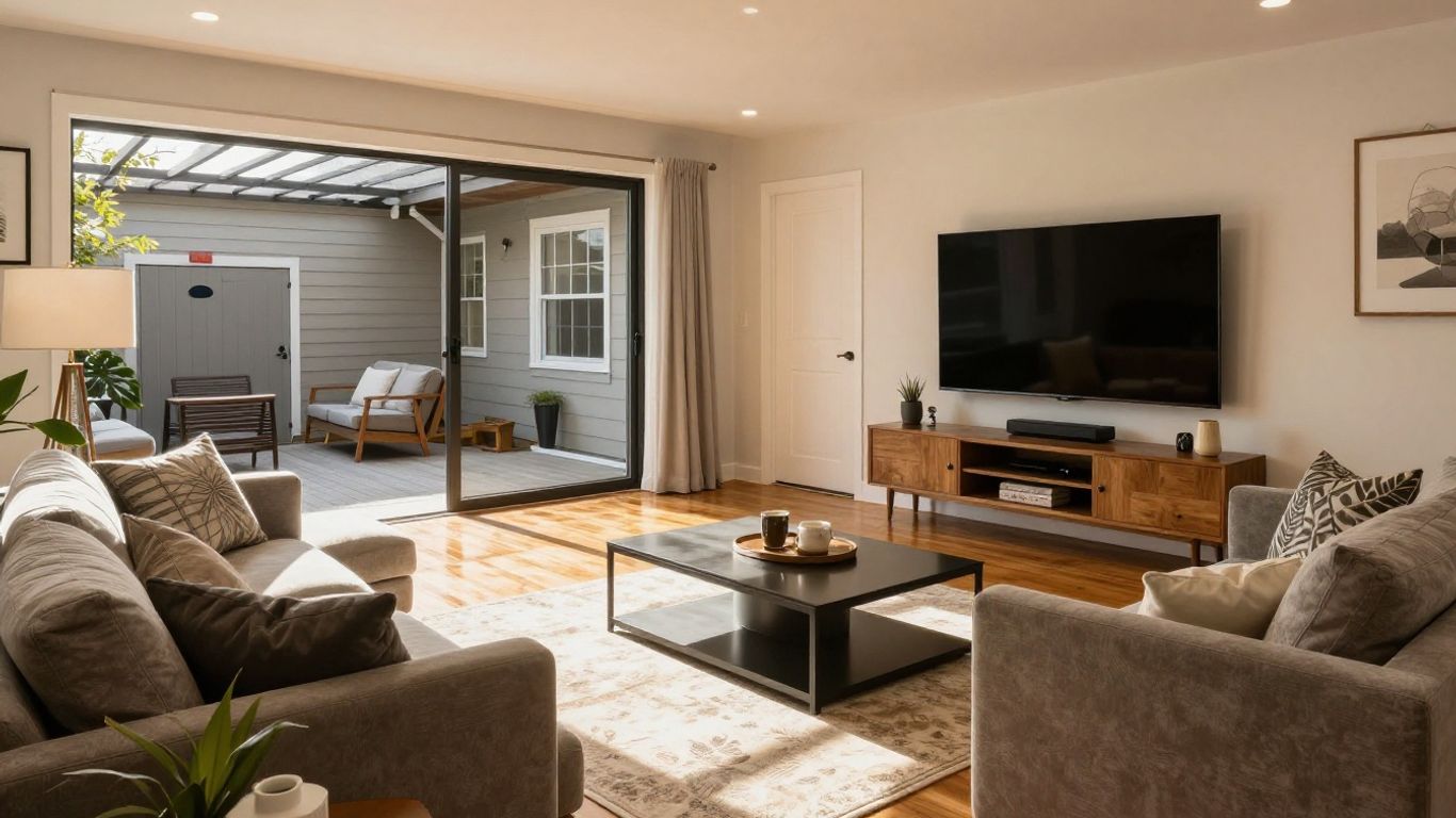 Finished basement living area with modern decor and warm lighting.