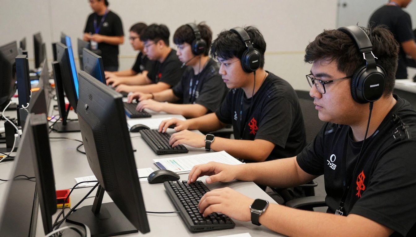 Um pro player focado durante uma partida intensa do jogo Fortnite na tela do computador.