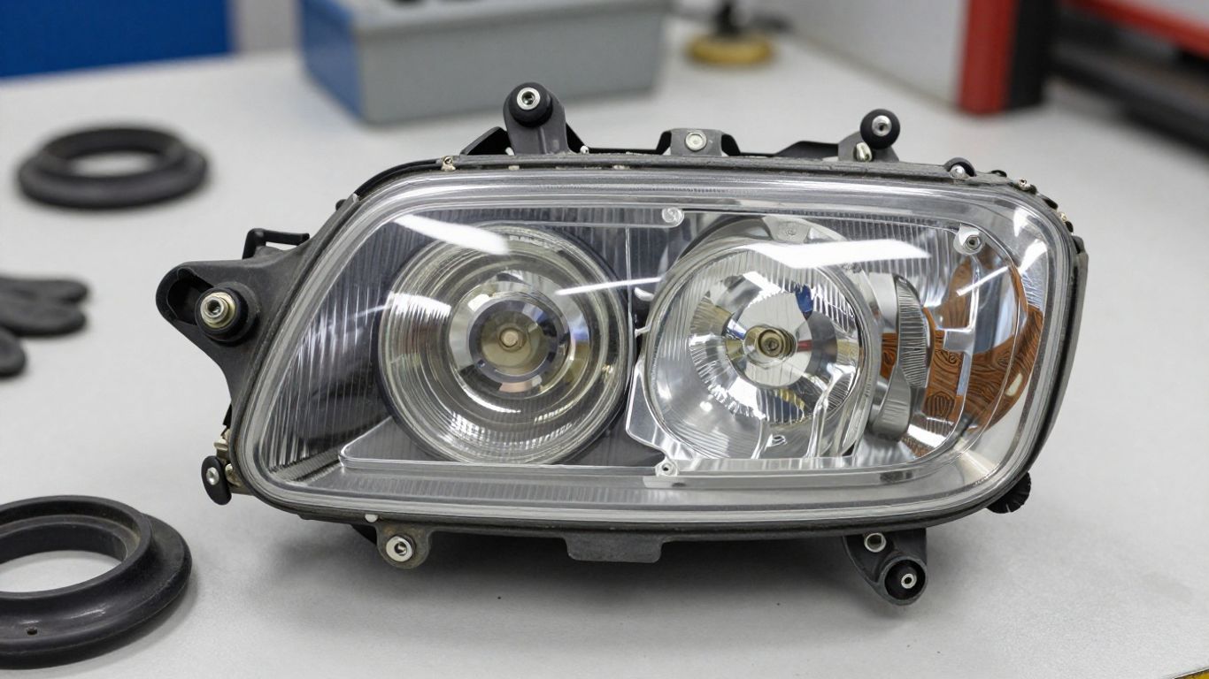 Used PT Cruiser headlight on inspection bench