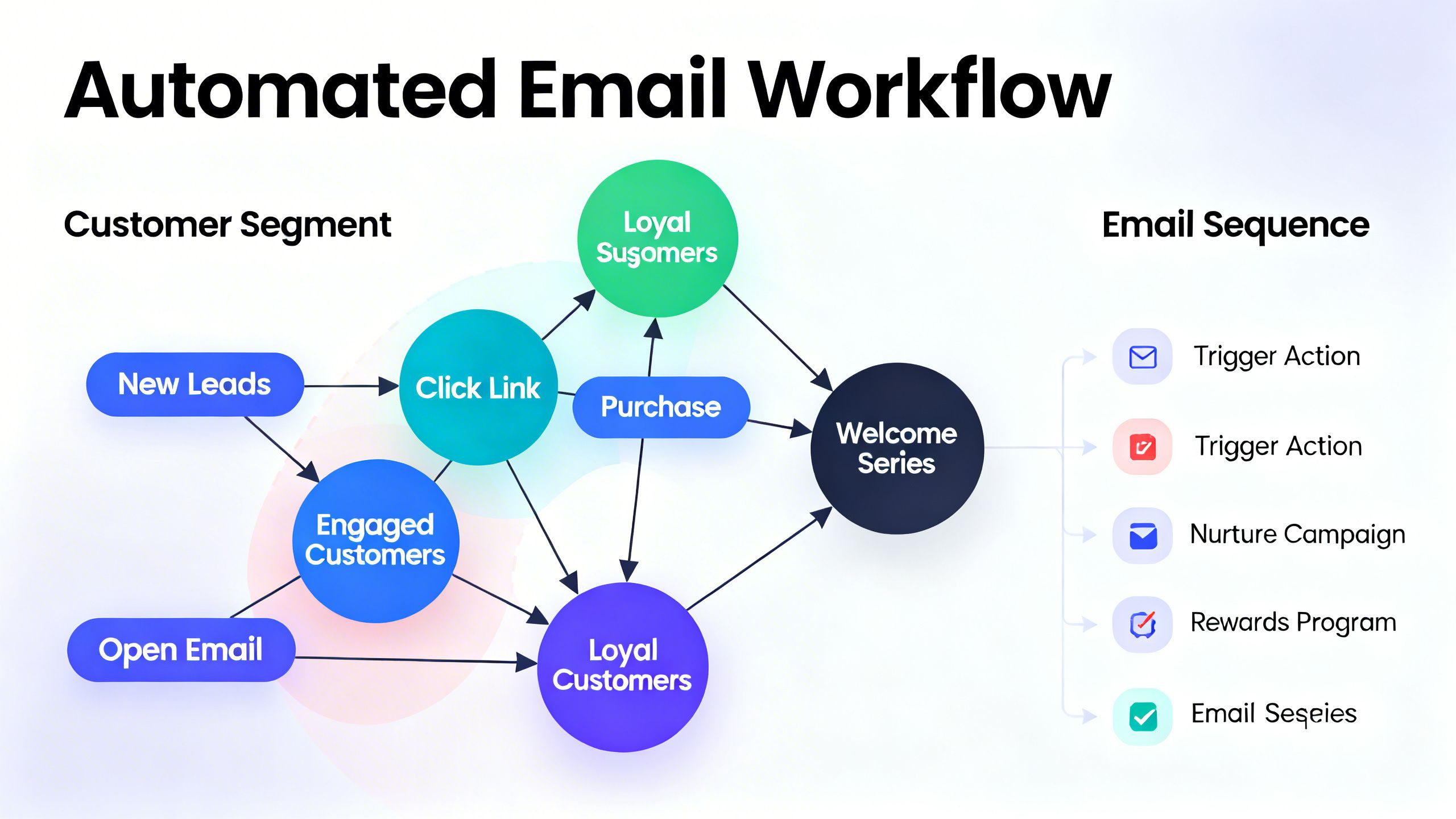 Un diagramma di flusso animato che mostra sequenze di e-mail automatiche inviate a diversi segmenti di clienti in base alle loro azioni.