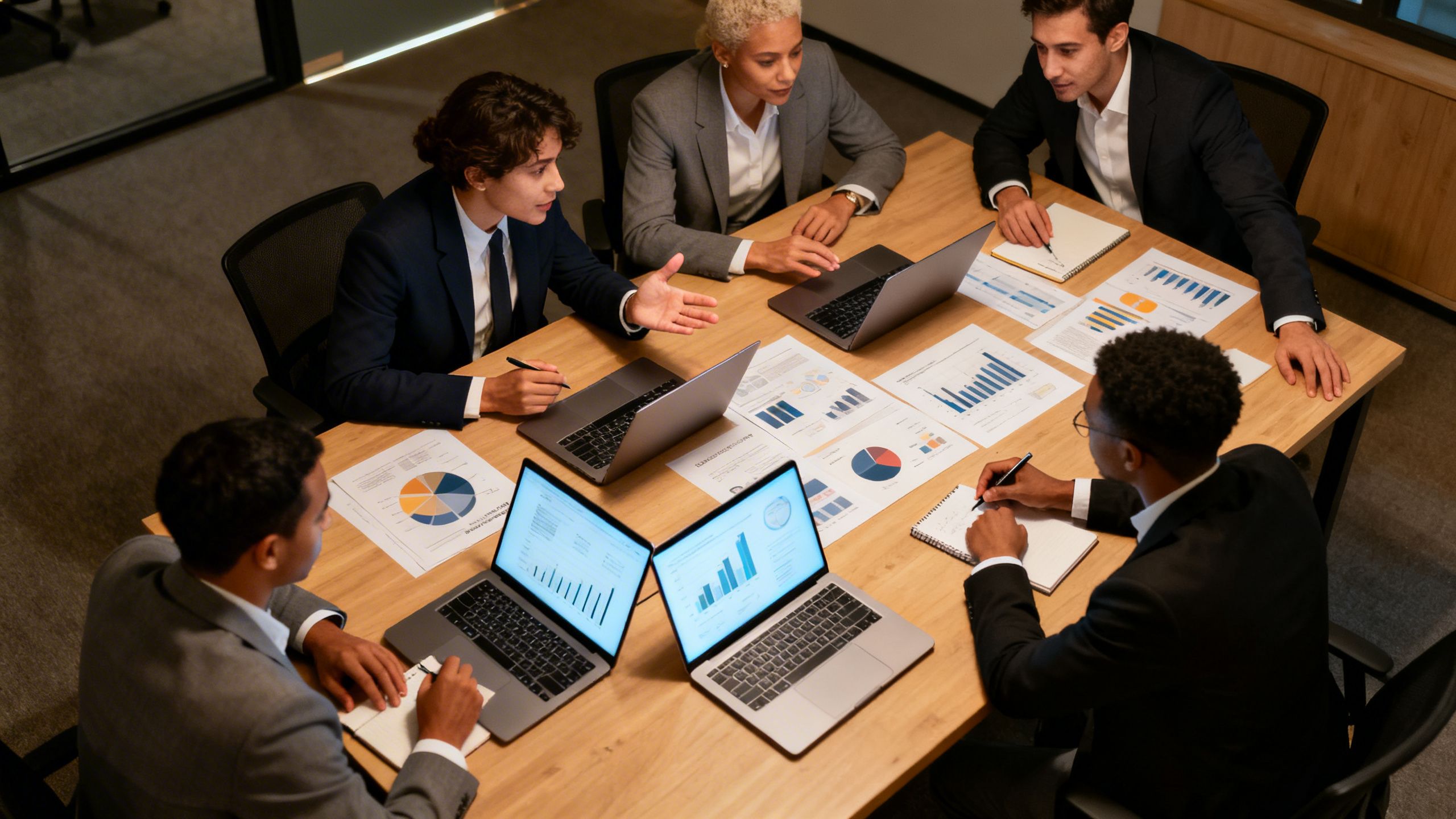 A diverse team of professionals collaborating around a table with laptops and charts, making a business decision.