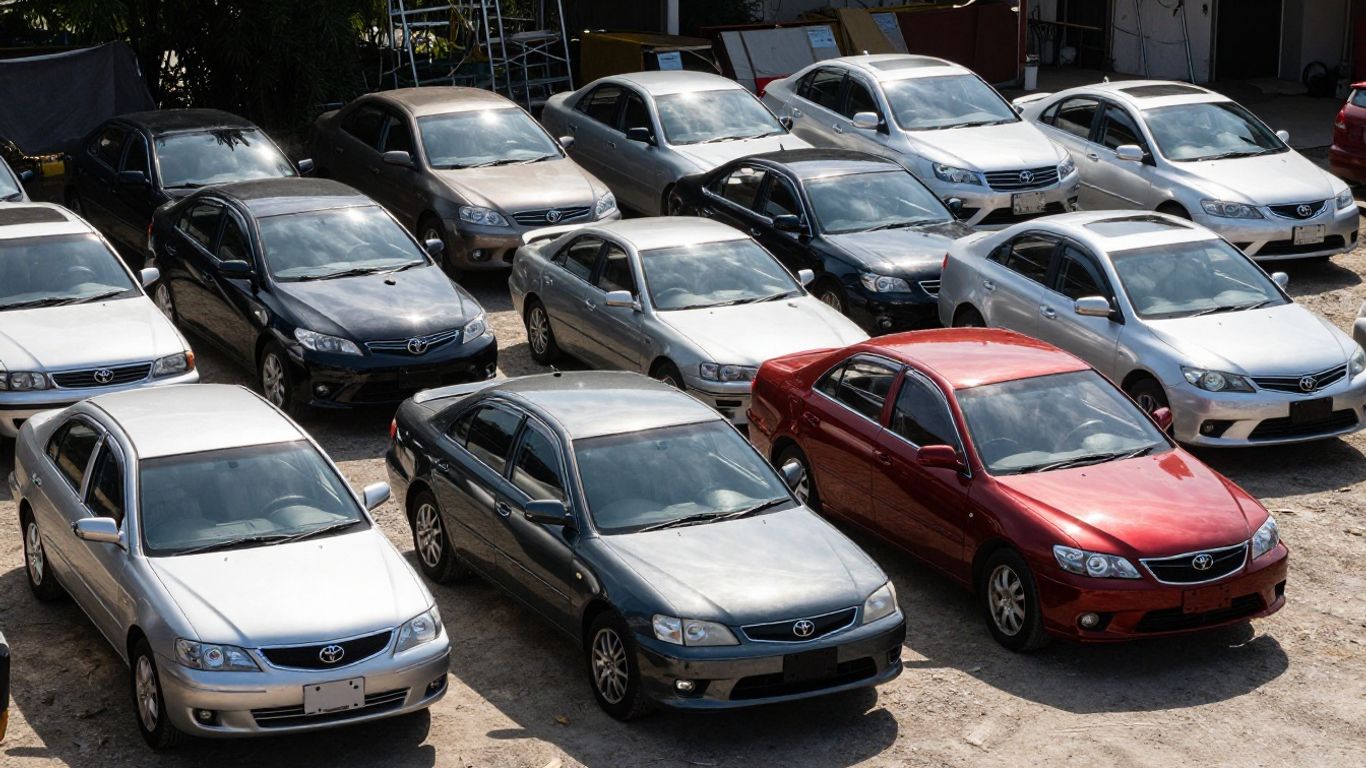 Toyota car parts and vehicles in a wrecking yard.