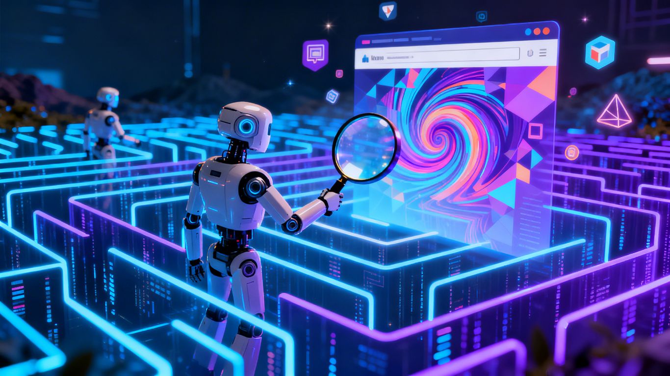 AI robot exploring digital data streams and websites.