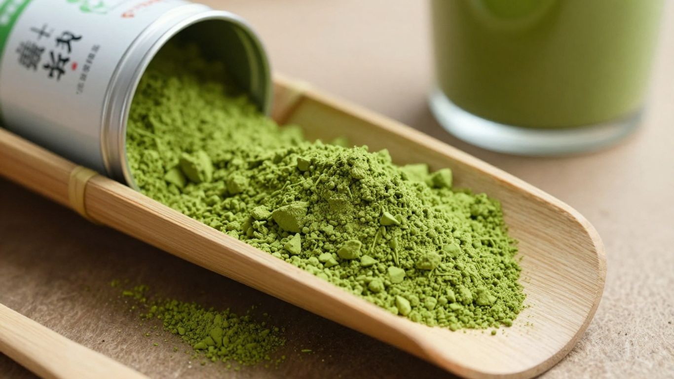 Vibrant green matcha powder in a bamboo scoop next to a sealed tin.