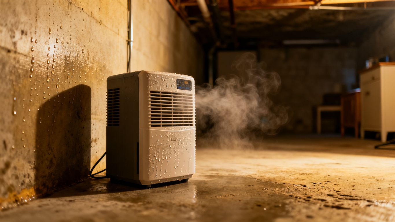 Small dehumidifier placed in dark basement
