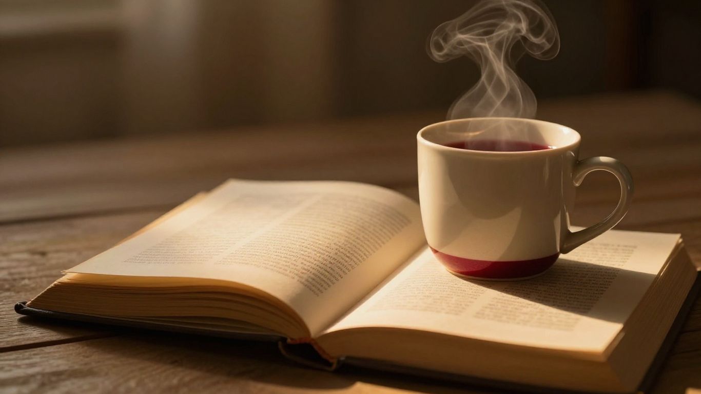 Cozy book stack with warm lighting and a steaming mug.