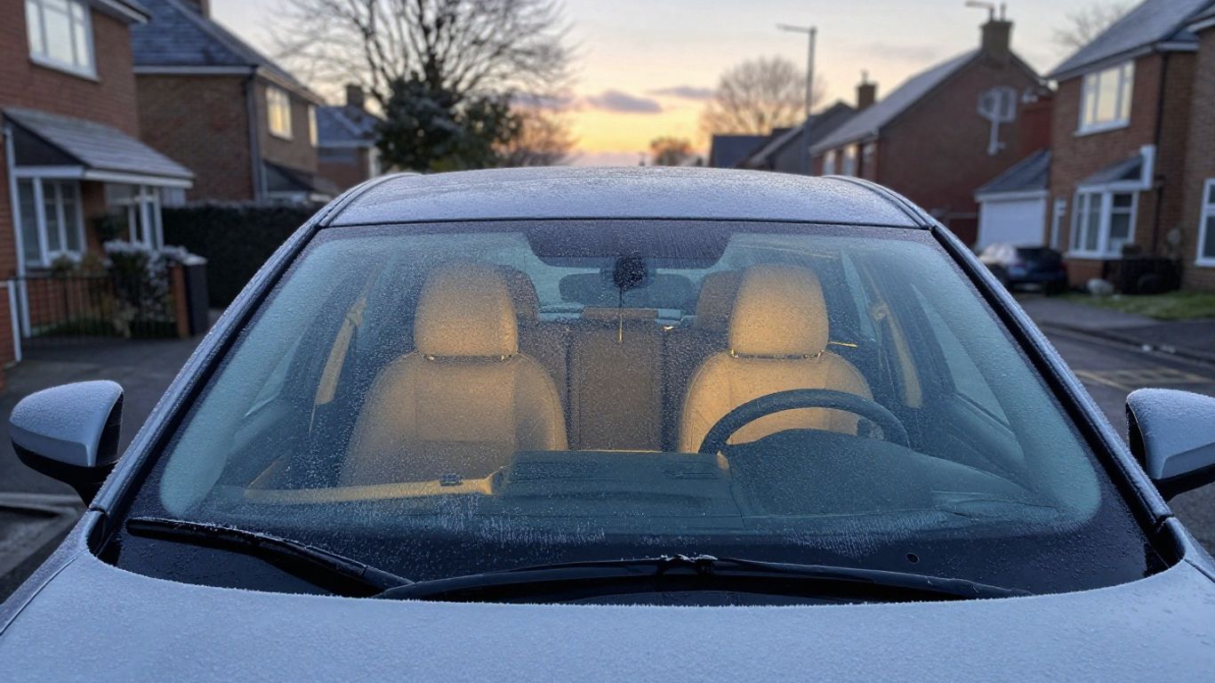 Frosty car windscreen clearing on winter morning