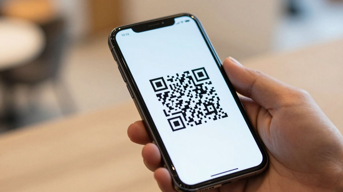 Smartphone scanning a WiFi QR code.