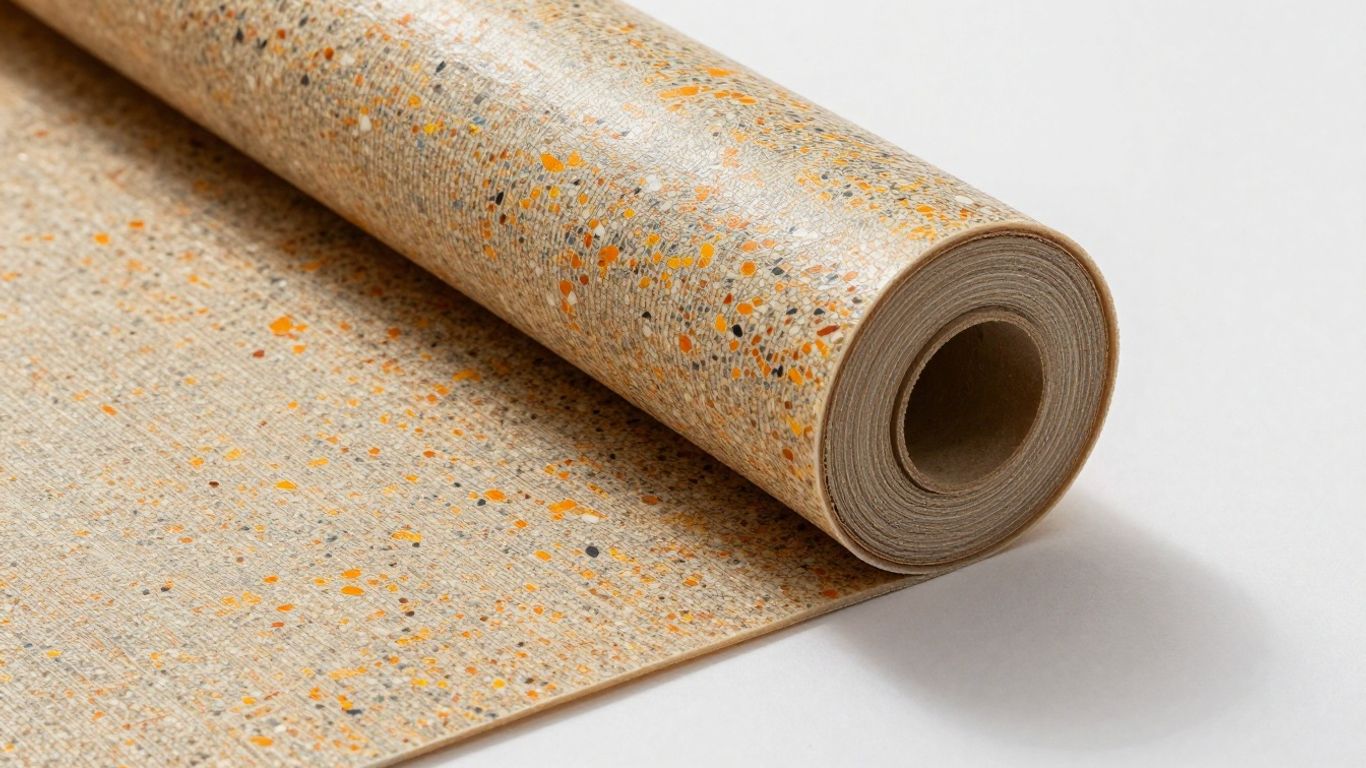 Roll of linoleum flooring with speckled pattern