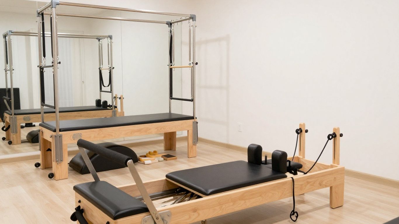 Pilates reformer and equipment in a bright studio.