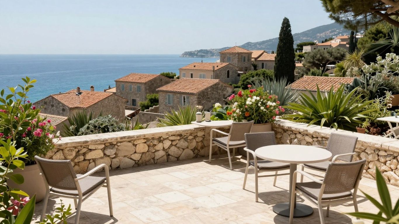 Riviera hotel terrace with sea and village views