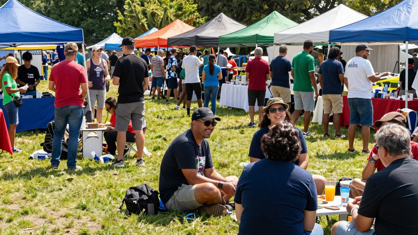 Community gathering with people mingling and enjoying activities.