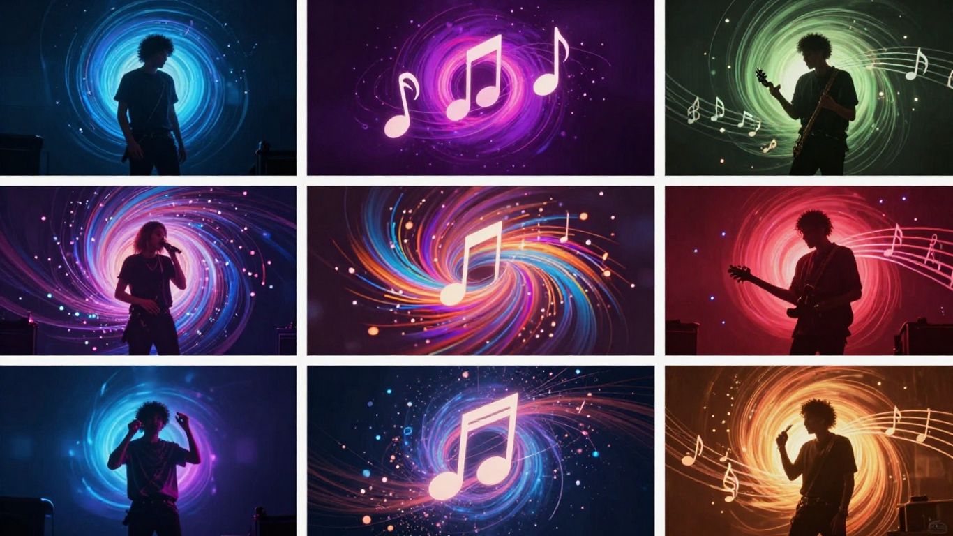 AI music video with colorful particles and notes.