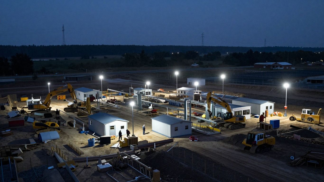 Microgrid powering a remote construction site at dusk.