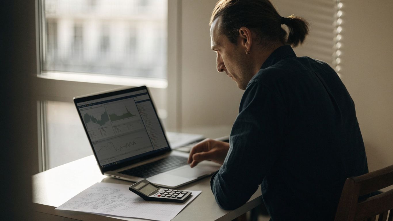 Trader reviewing a futures account dashboard beside a notebook
