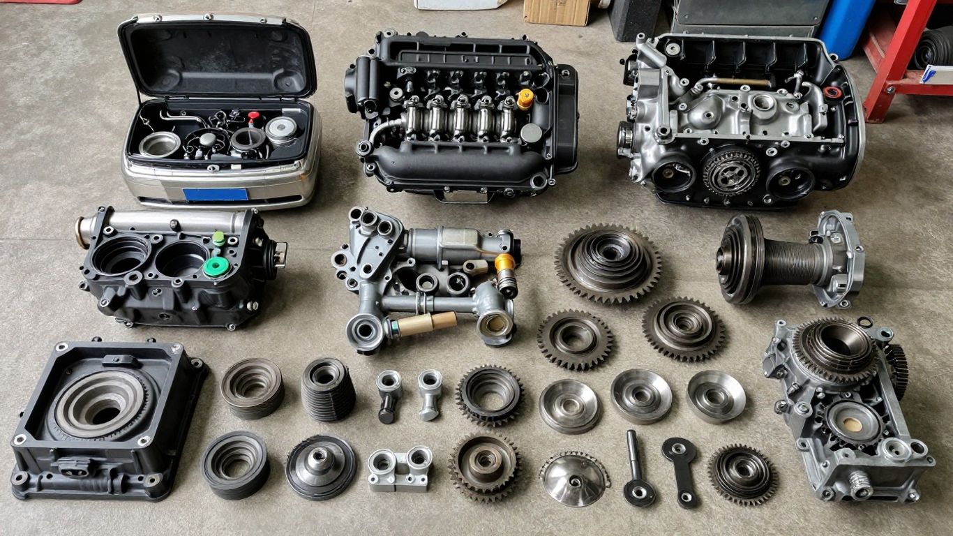 Volkswagen parts including engines and gearboxes.