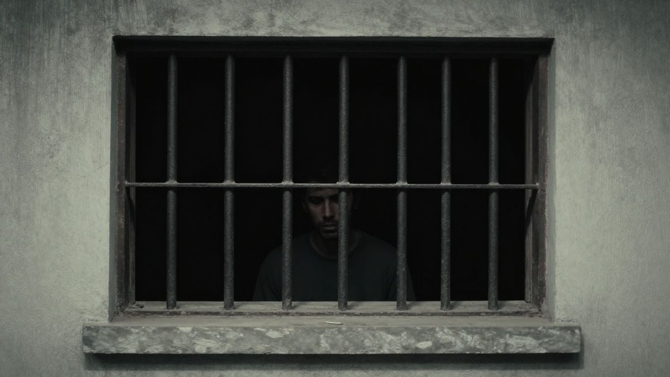Figure behind bars in a detention facility.