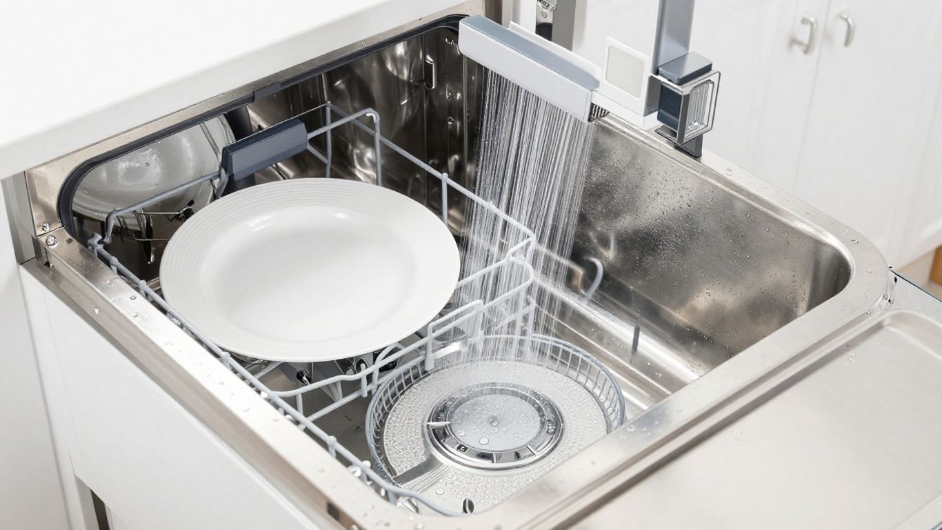 Lave-vaisselle moderne avec vaisselle propre et étincelante.