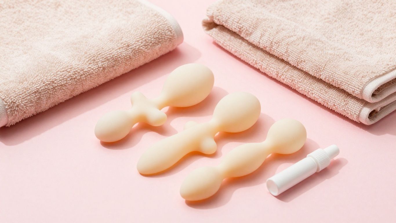 Condoms and smooth body-safe toys arranged beside lubricant