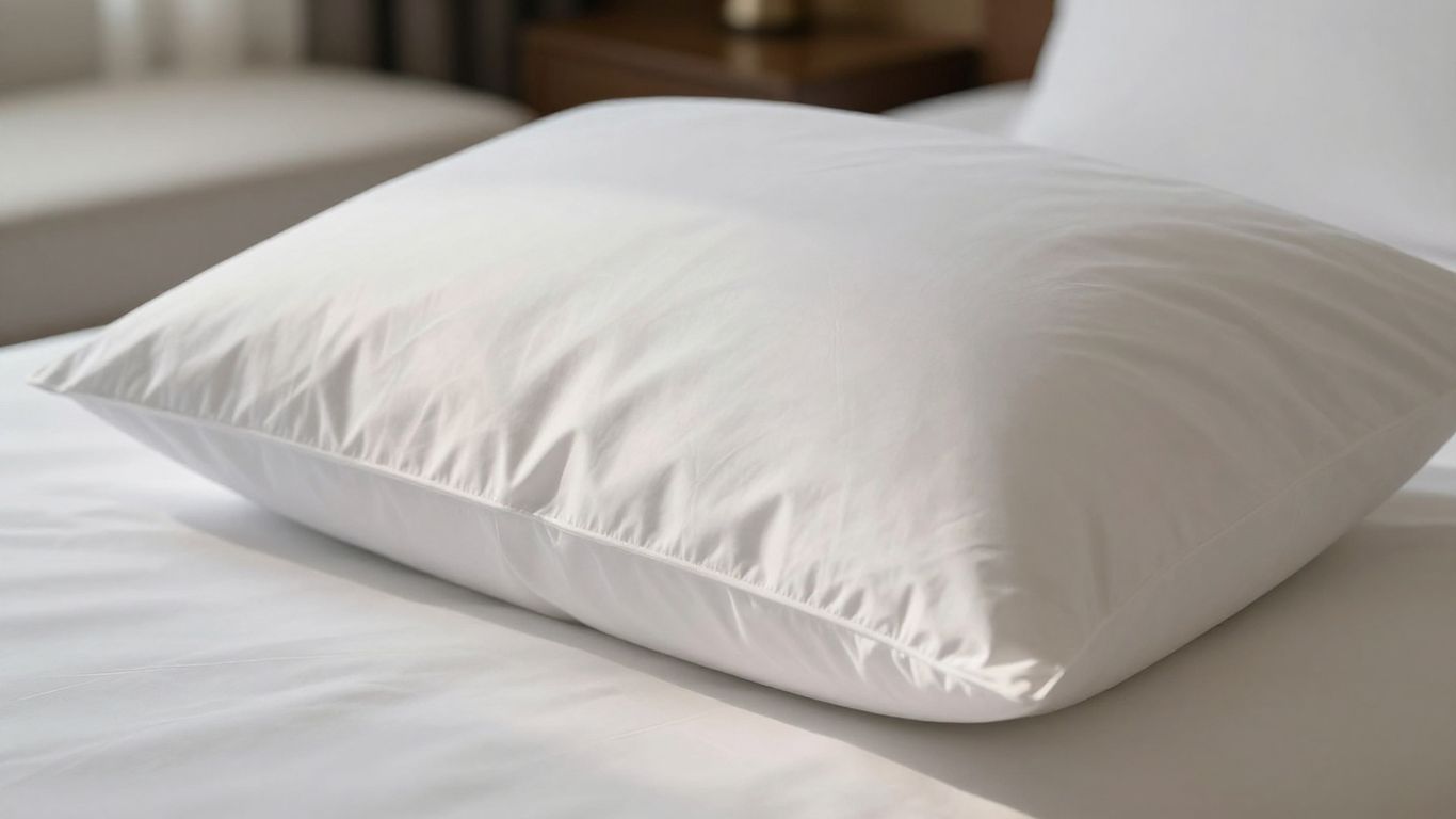 Plush hotel pillow on a neatly made bed.