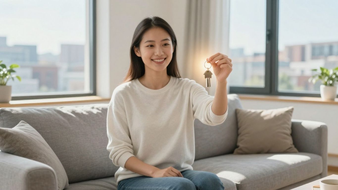 Persona sonriente con llave de casa y hogar seguro.