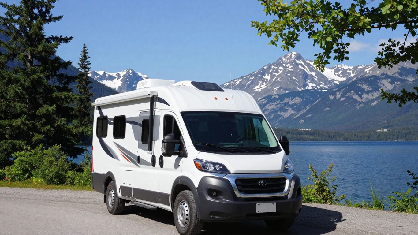 RV parked by a Canadian lake with mountains.