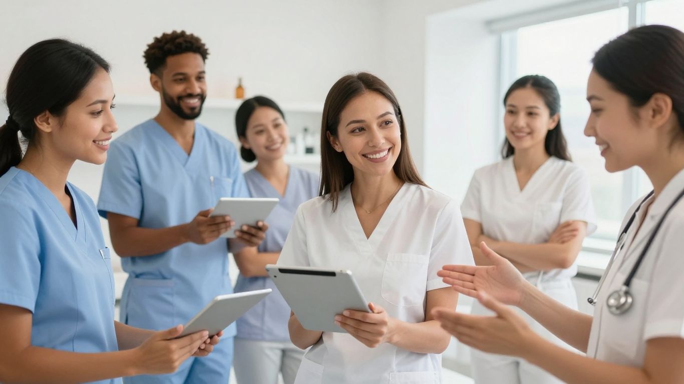 Diverse Americans in a medspa, booking appointments happily.