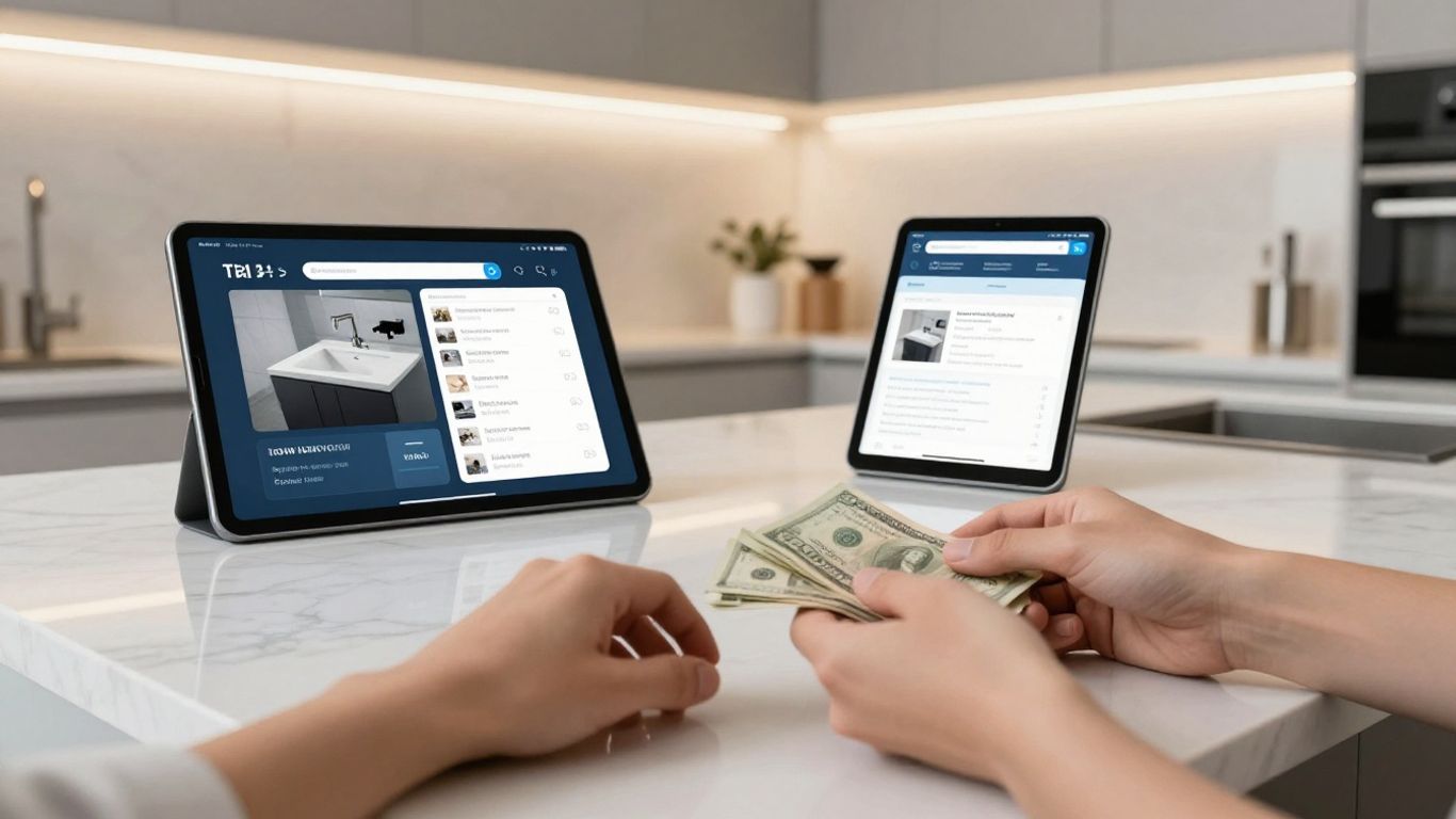 Hands exchanging money over marble countertop in kitchen