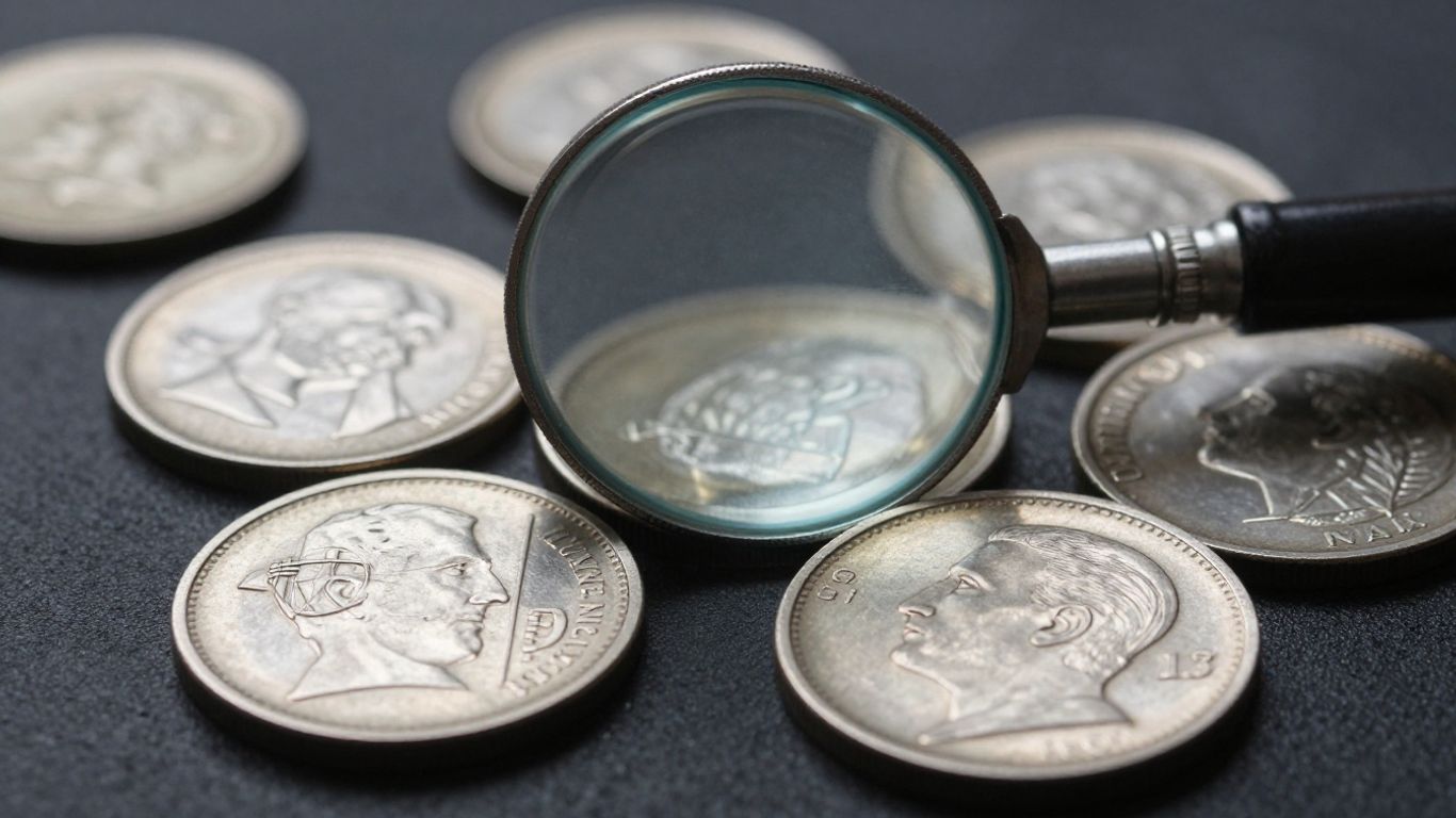 Close-up of silver coins and a magnifying glass.