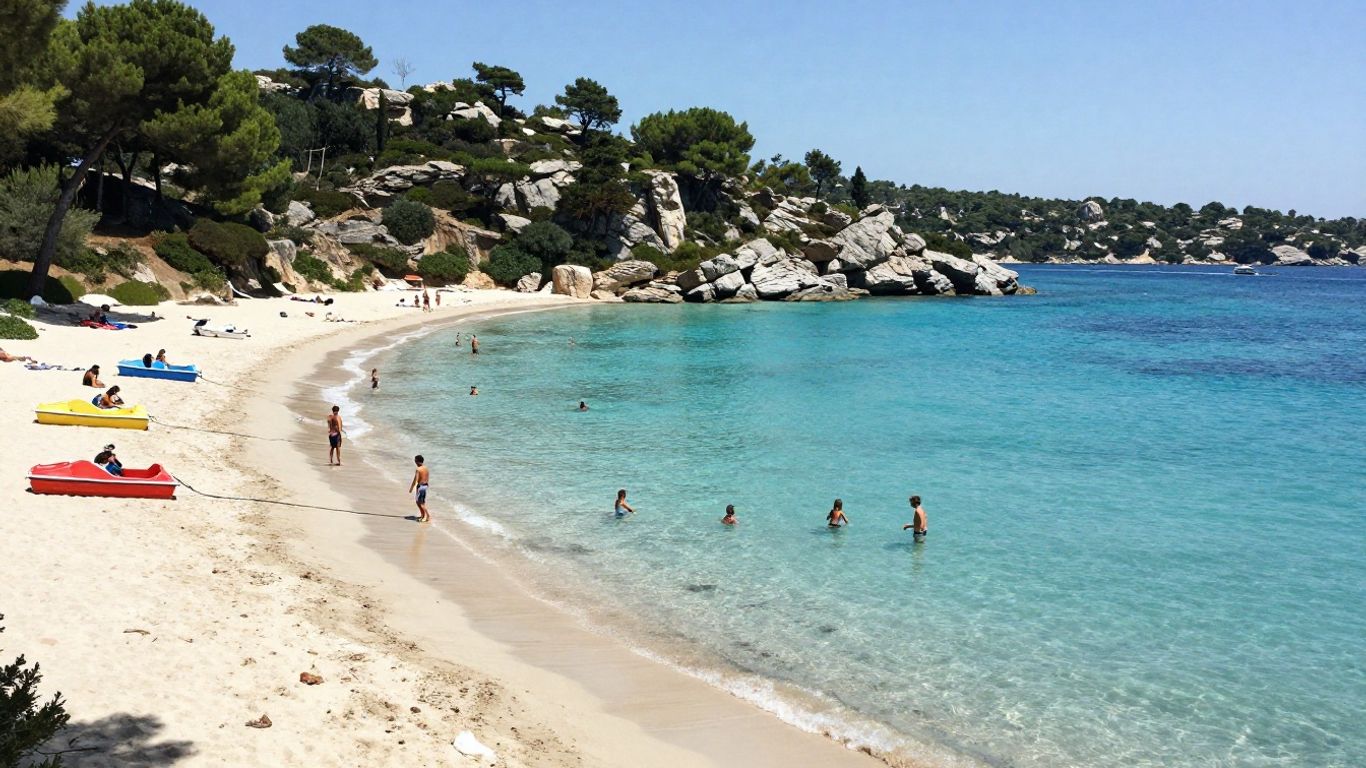 Turquoise Lac de Sainte-Croix beach beneath limestone hills