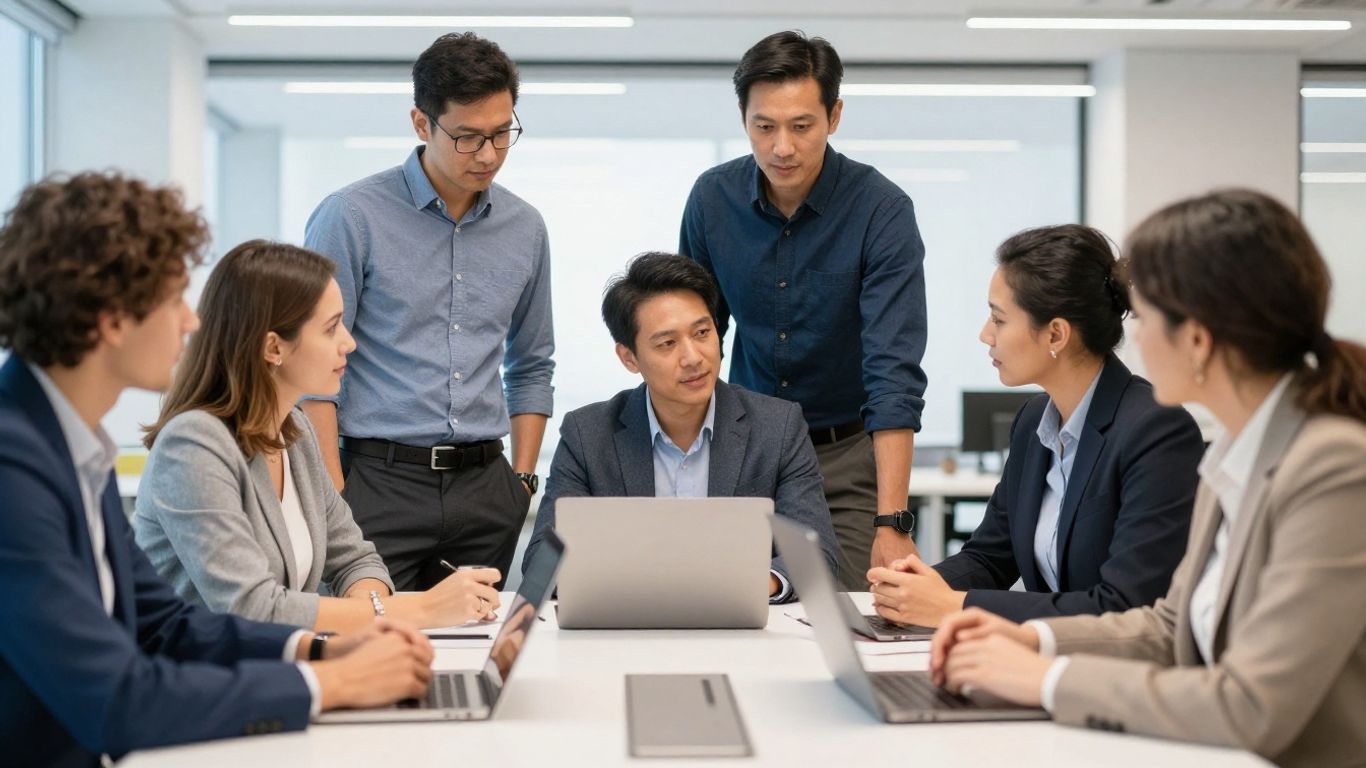 Menschen im Büro diskutieren und arbeiten zusammen.