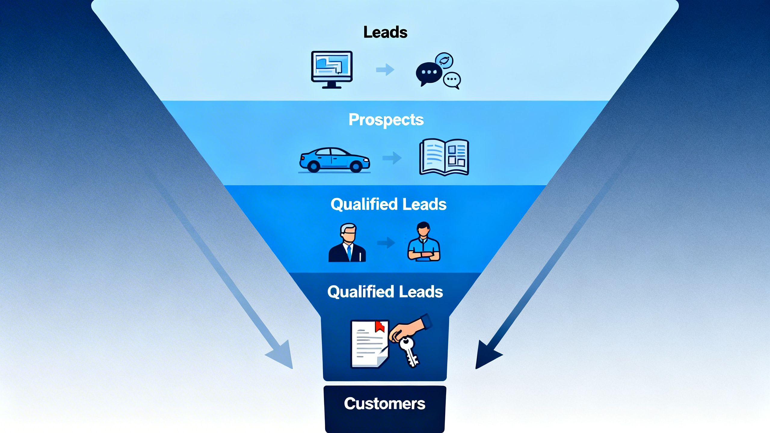 A conceptual illustration of a car dealership sales funnel, showing leads converting into customers.