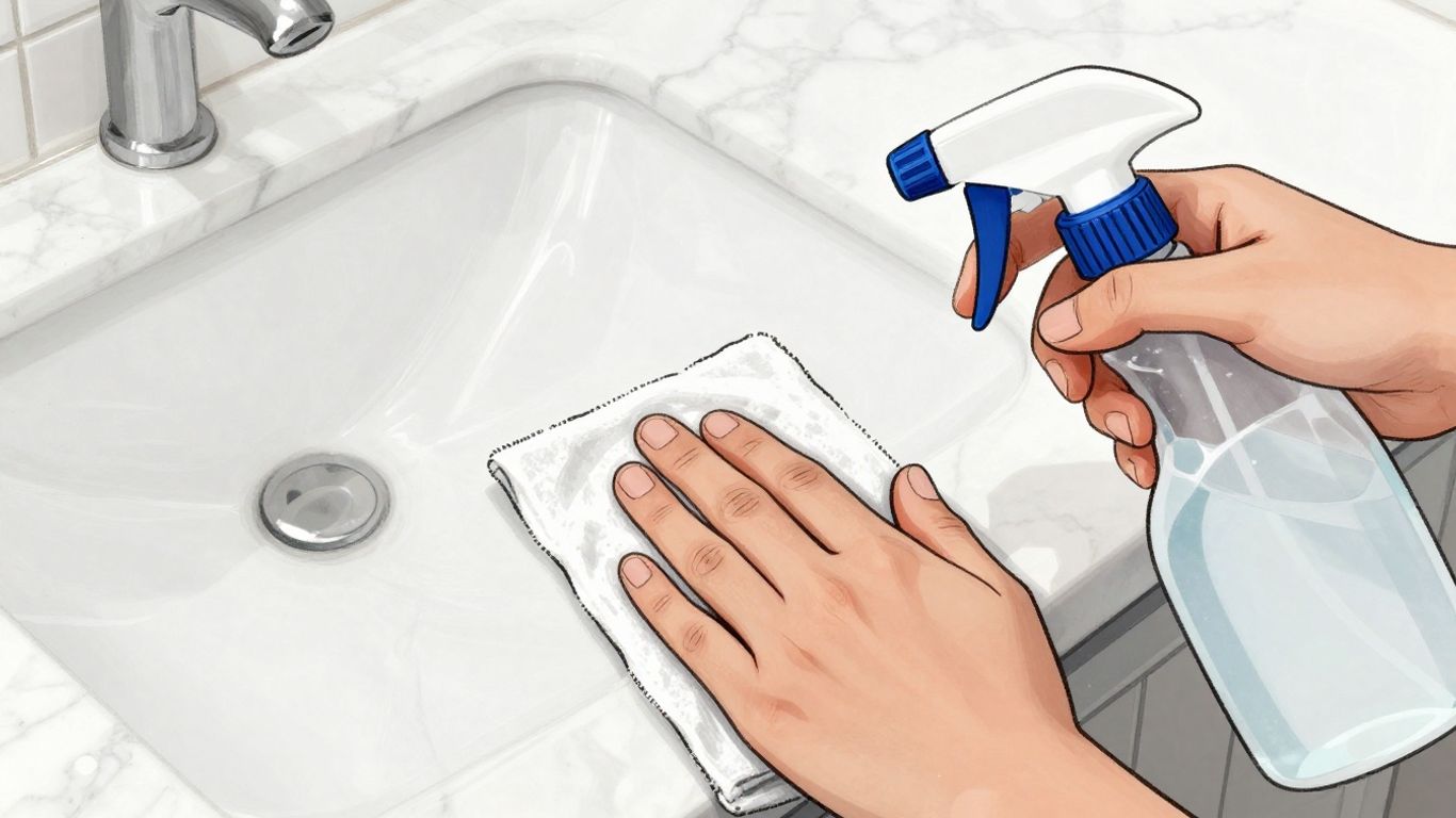 Sketch of cleaning marble tiles safely with a cloth.