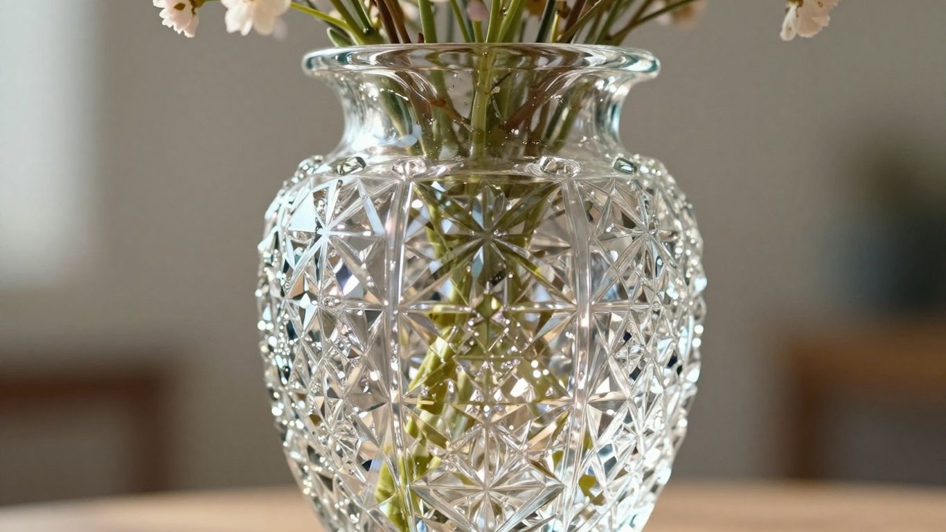 Elegant crystal vase with flowers, sparkling light.