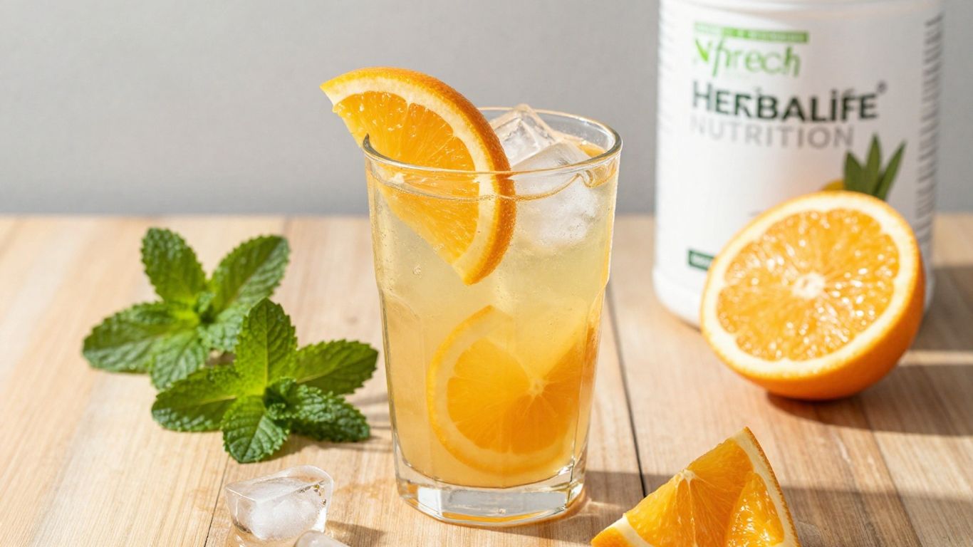 Afresh energy drink with citrus and Herbalife Nutrition tub