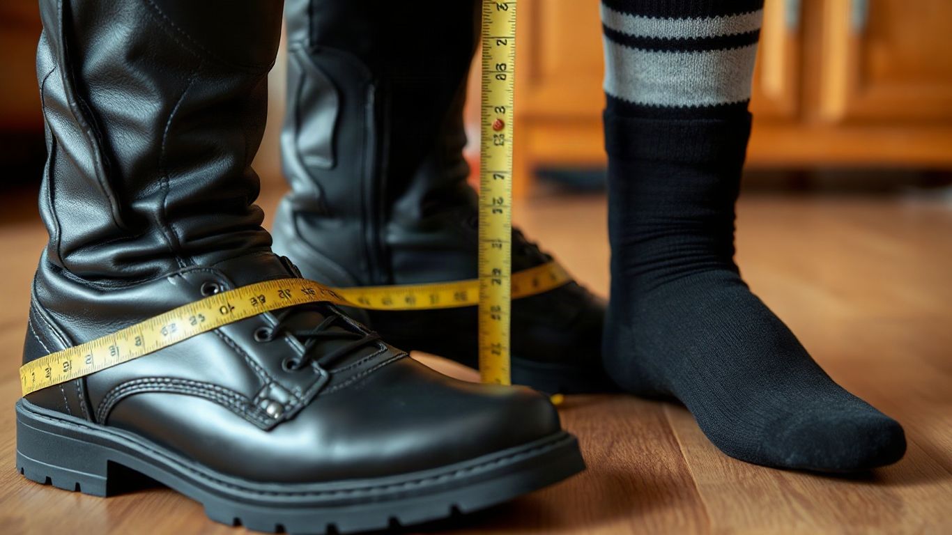 Motorcycle boots with measuring tape and riding socks
