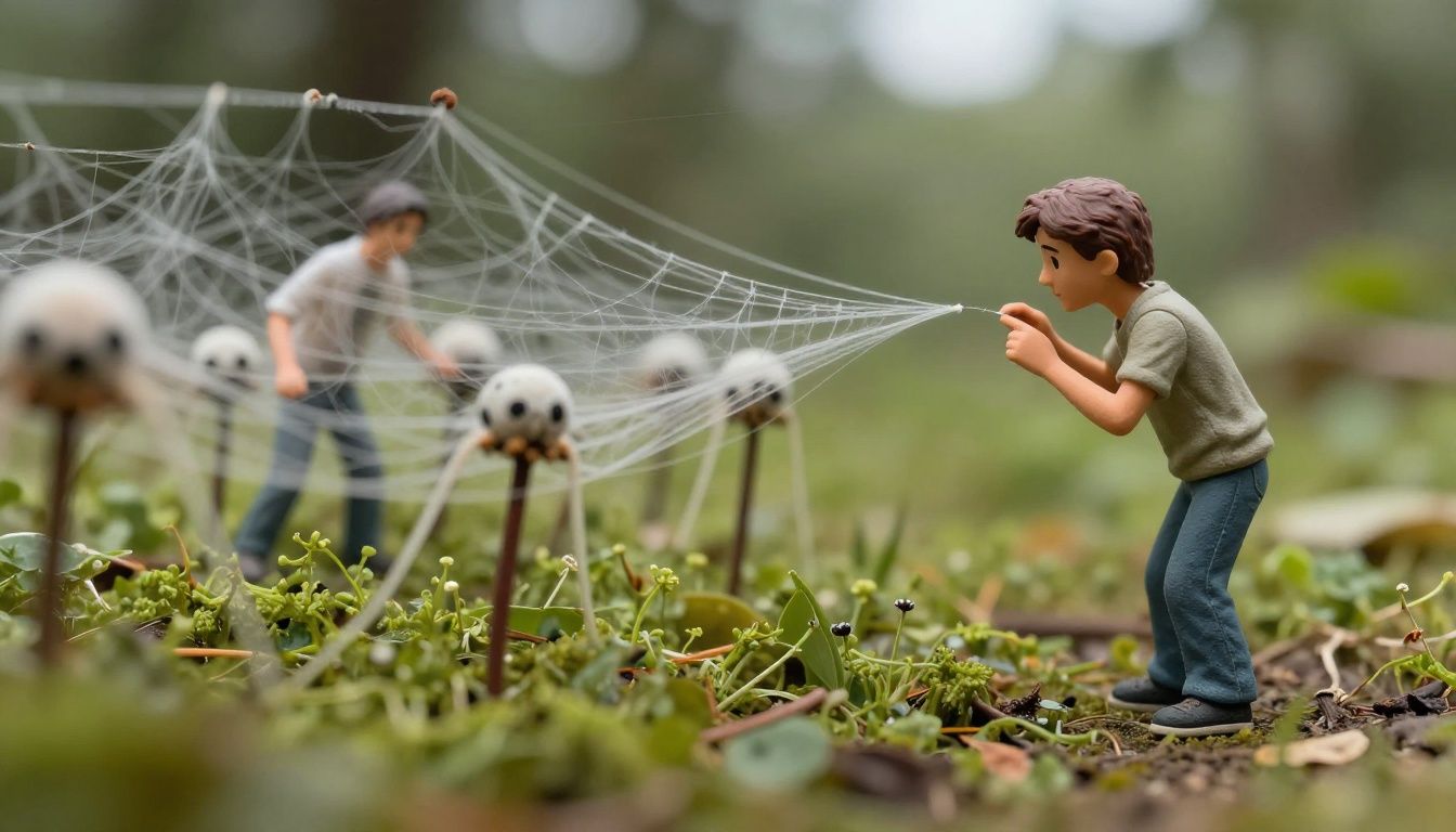 Personagens em miniatura observando uma teia de aranha gigante em um jardim, conferindo uma atmosfera de perigo e exploração