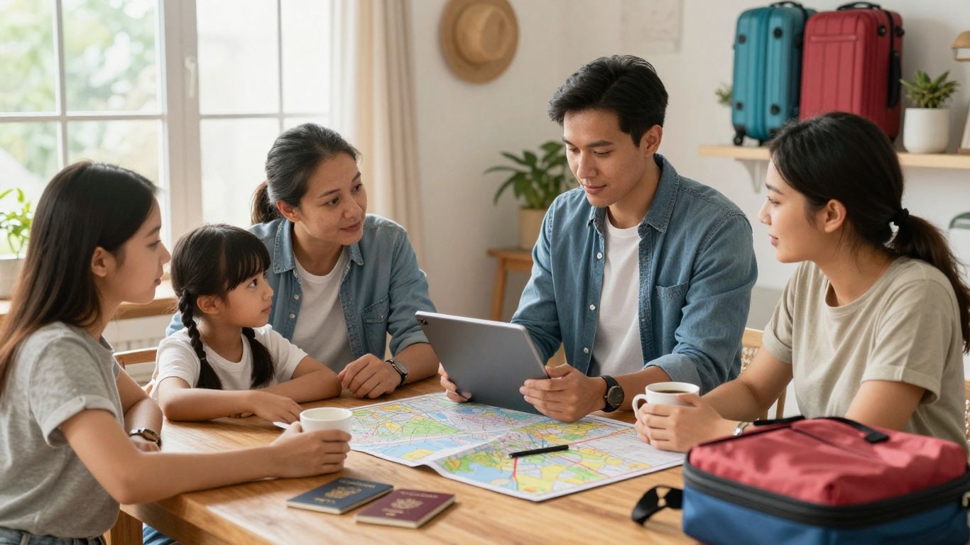Travelers reviewing an itinerary together