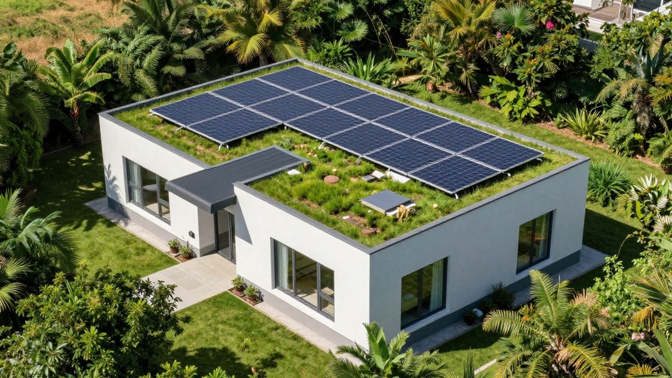 Modern sustainable house with green roof and solar panels.