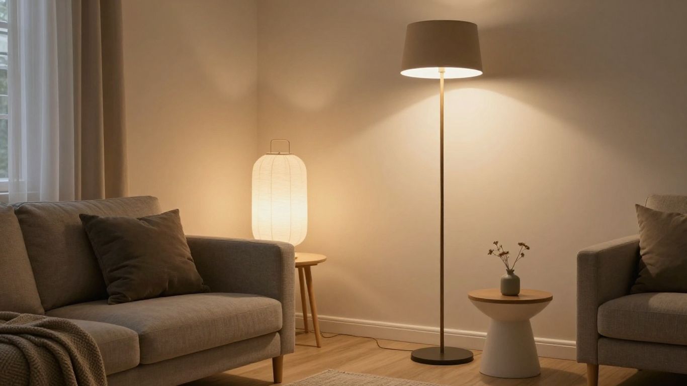 Modern table and floor lamps in cozy Airbnb room