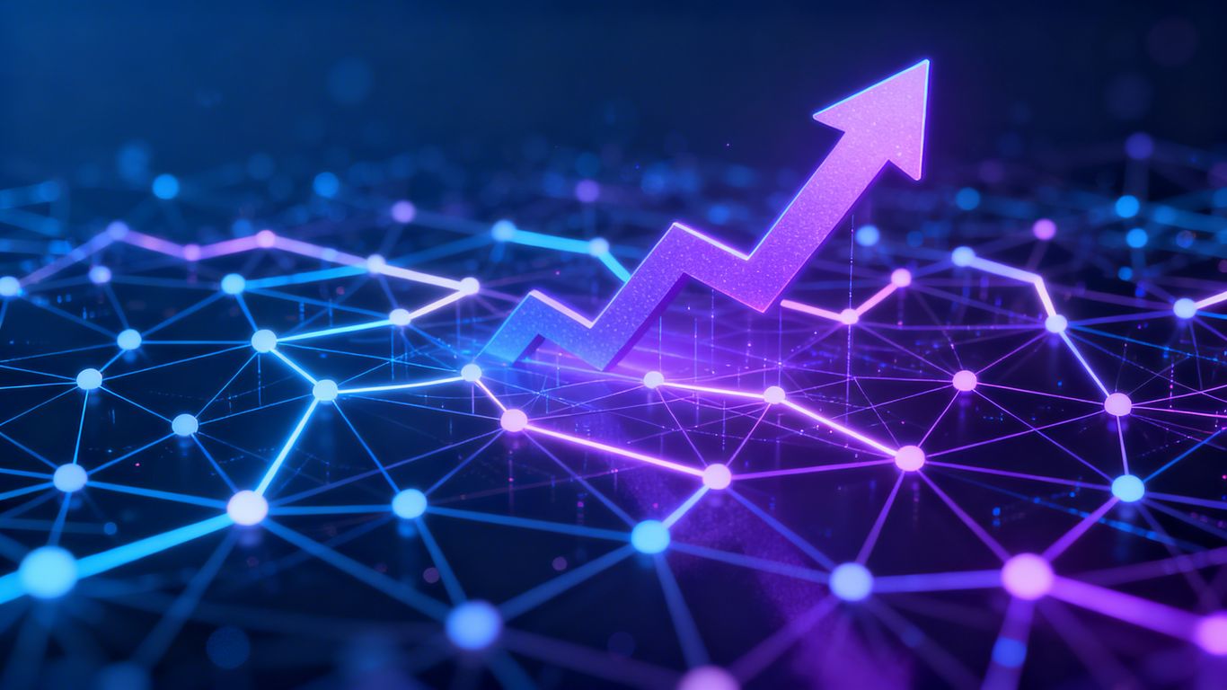 Digital network with upward arrow, symbolizing scaling.